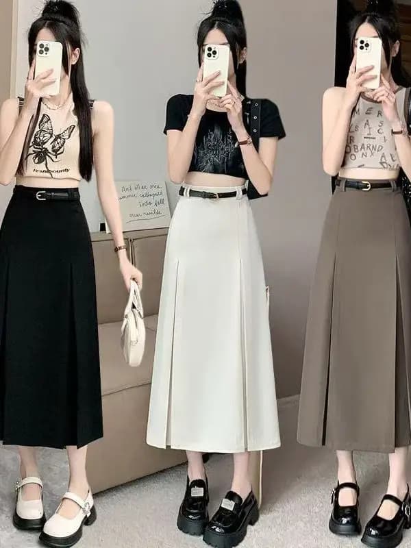 Gonna a vita alta elasticizzata taglie forti da donna, nuova gonna midi a pieghe a trapezio estiva che copre la pancia, abbigliamento casual