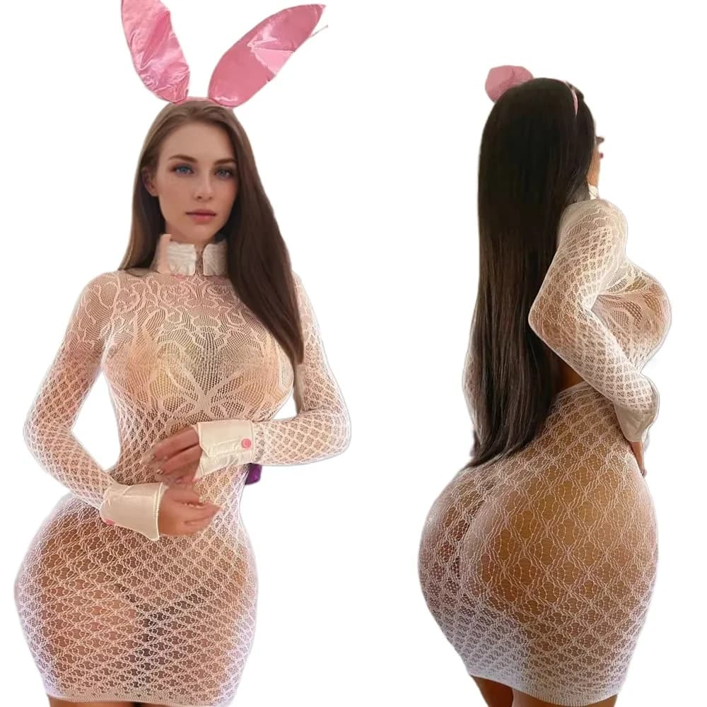 Abito senza schienale super sexy Rete da pesca Maglia trasparente Gonna cava Costume erotico femminile Mini gonna corta a rete Abiti sessuali