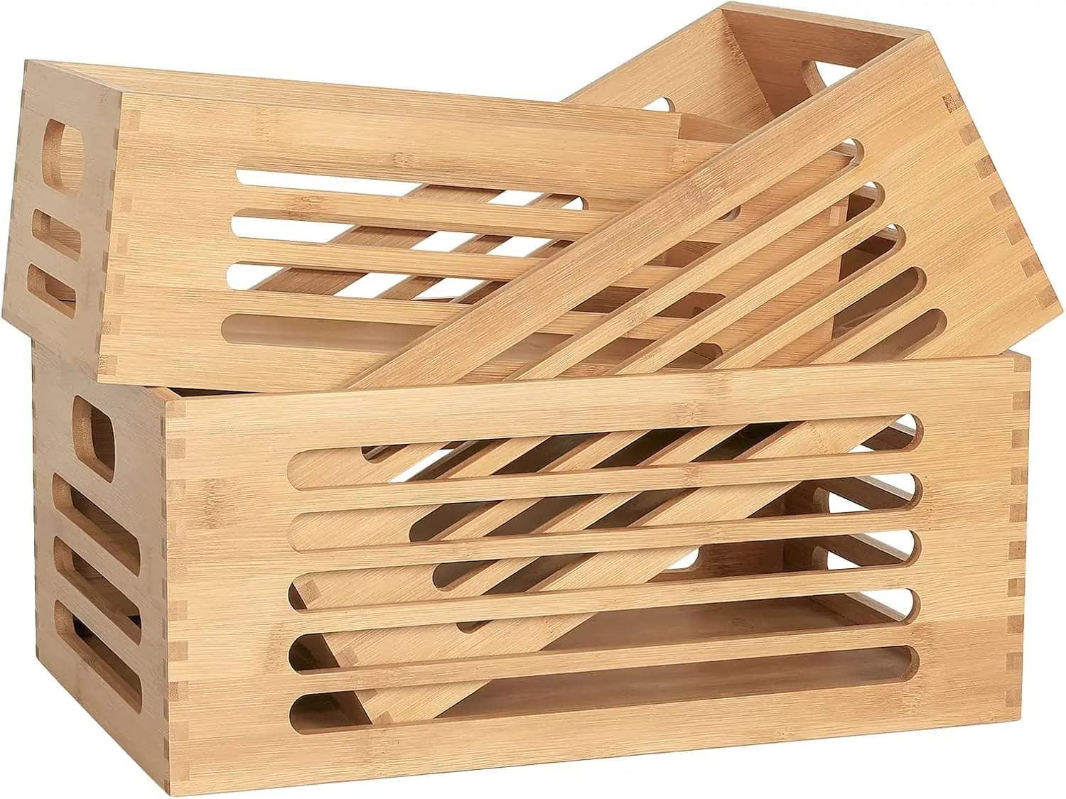 3PCS Bamboo Wood Storage Bins - Natural Decorative Boxes with Handles for Home Kitchen Shelf