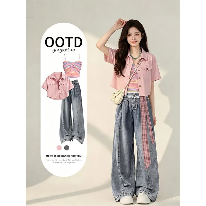 Set Estivo con Cardigan Aperto in Denim a Righe Arcobaleno e Jeans a Gamba Larga, Moda Casual da Donna, Top Traspirante Elastico a Maniche Corte