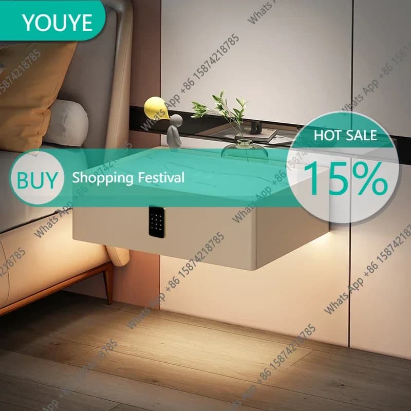 Comodino Smart con Lampada, Armadietto con Serratura a Codice, Ricarica Bluetooth, Montaggio a Parete Sospeso Wireless
