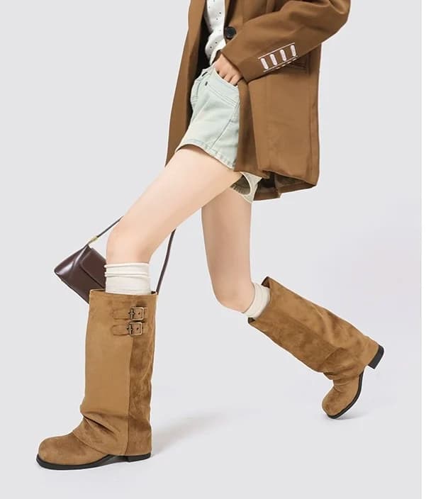 Retro Belt Buckle Women's Boot Pants Tube Boot Street Style Crumpled Short Boot Knight Boot Mid-Calf Fashion Boot