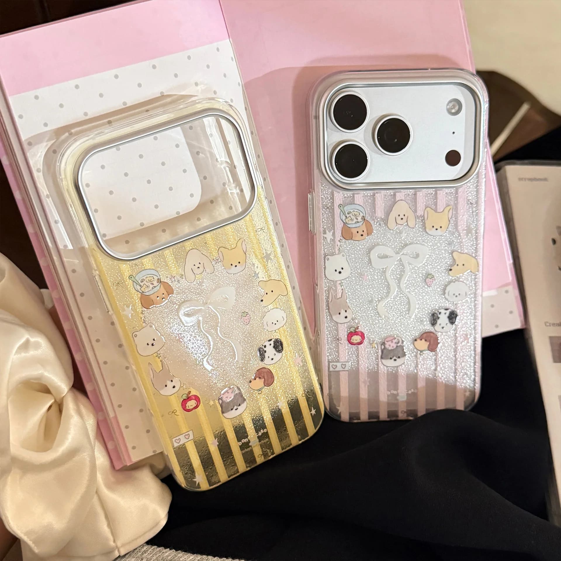 Korean Striped Cartoon Puppy Bowknot Love Heart Pattern Phone Case For iPhone 17 16 15 14 13 Pro Max Clear Shockproof Soft Cover