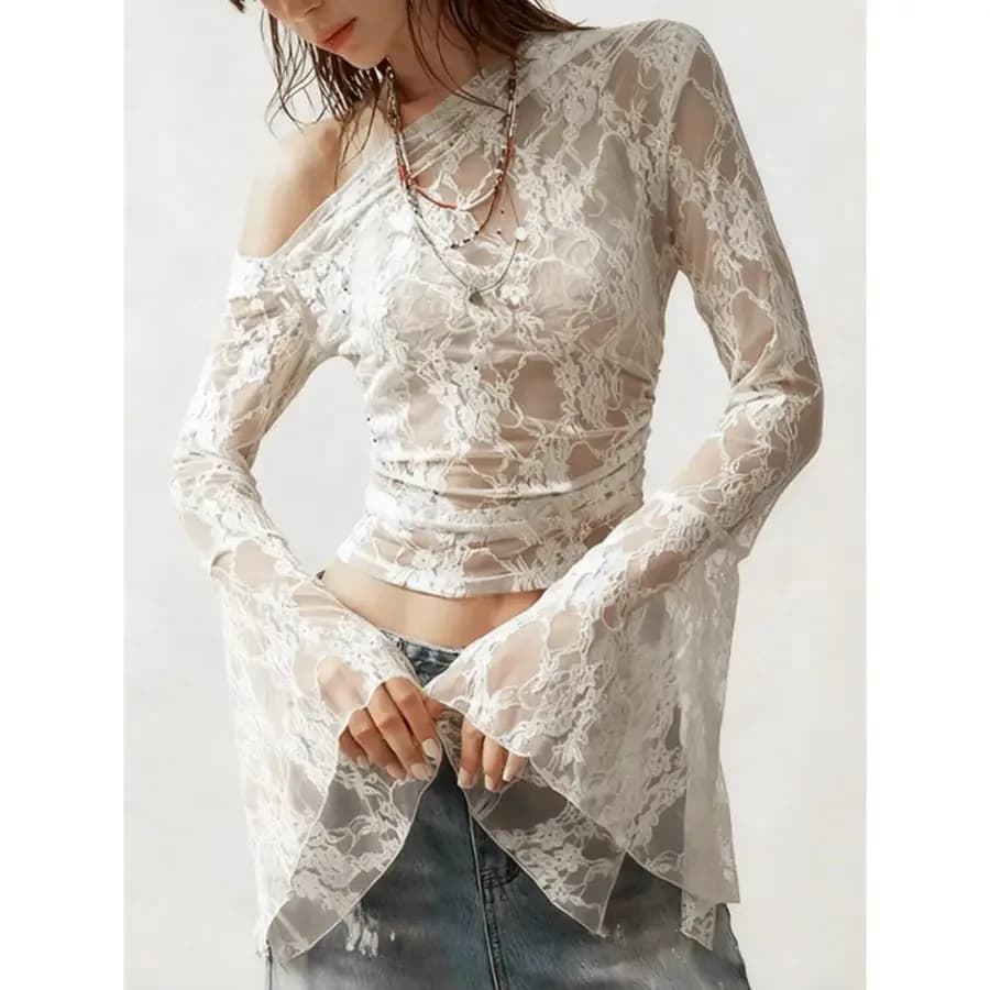 Camicetta da donna slim fit con pizzo e maniche a campana 2026 - Top pullover stile social media tinta unita non trasparente, adatta per tutti i giorni