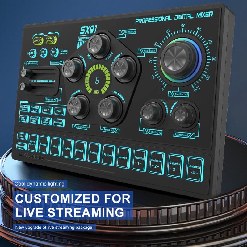 Mixer audio SX91 48V con cambio vocale, mixer podcast, scheda audio per giochi telefonici Karaoke Studio Streaming live Podcast