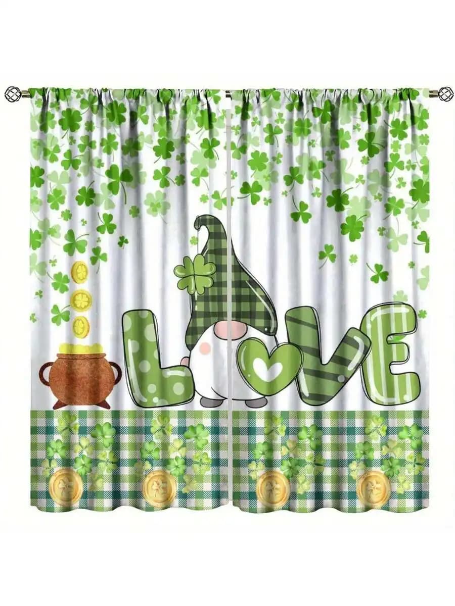 2 Panel 28x40 Inch St Patricks Day Blackout Curtains With Clover Gnome Design Green Plaid Border White Background