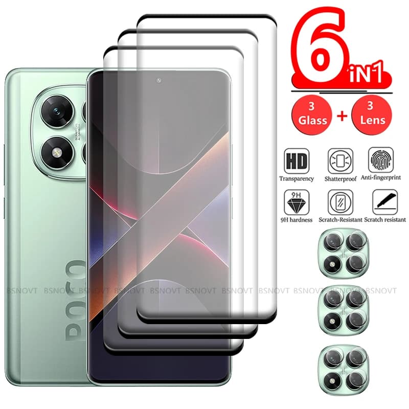 6in1 For Little X7 Xiaomi Glass Little X7 PocoX7 Screen Protector 9H Phone Protection Fully Curved Tempered Glass Little X7 Glass lens