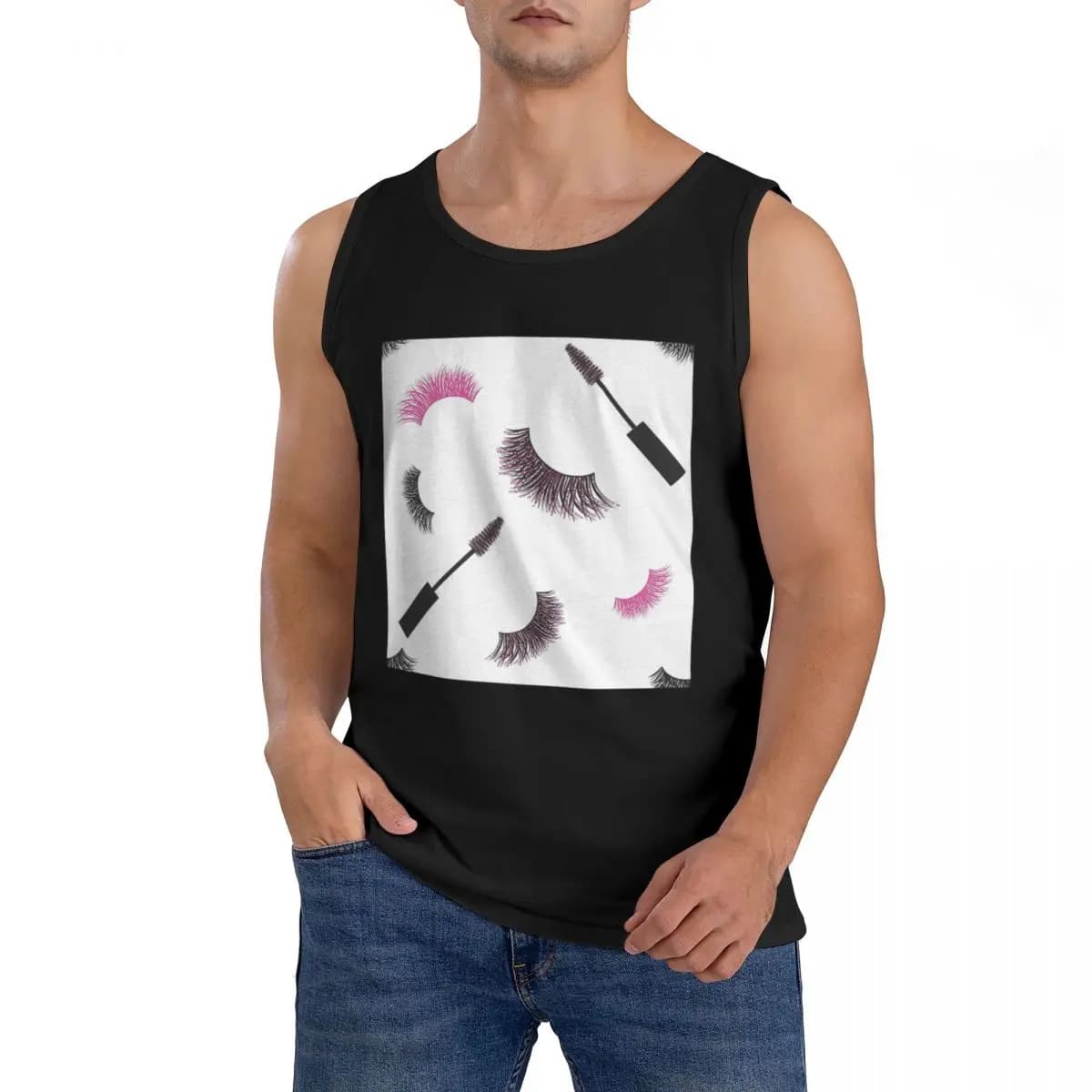 100% cotton sleeveless t-shirt with pink glitter pattern and mascara, for men's workout, men's crew neck vest