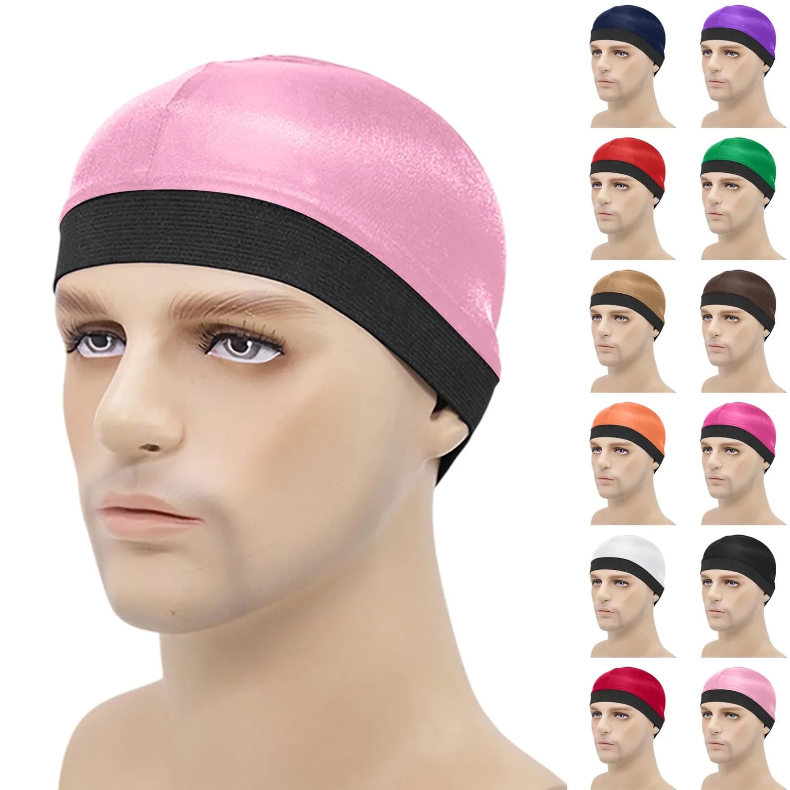 Berretto a cupola setoso unisex Fodera per casco Berretto da motociclista Cappello da uomo in seta traspirante con fondo per parrucca Cappellino ondulato traspirante elastico per esterni