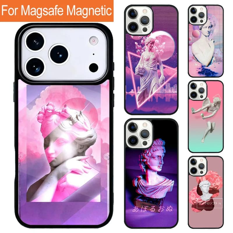 Custodia Magnetica Wireless per iPhone 17 Pro 16 15 13 12 11 Pro Max Air 14 Plus con Cover Magsafe, Design Scultura Greca Vaporwave