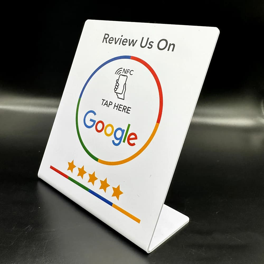 Tabella di visualizzazione del supporto di revisione NFC Google Supporto per scheda di tocco NFC Reivew us su Google 13,56 MHz NT/AG 215 Chip 504 byte Supporto di revisione NFC