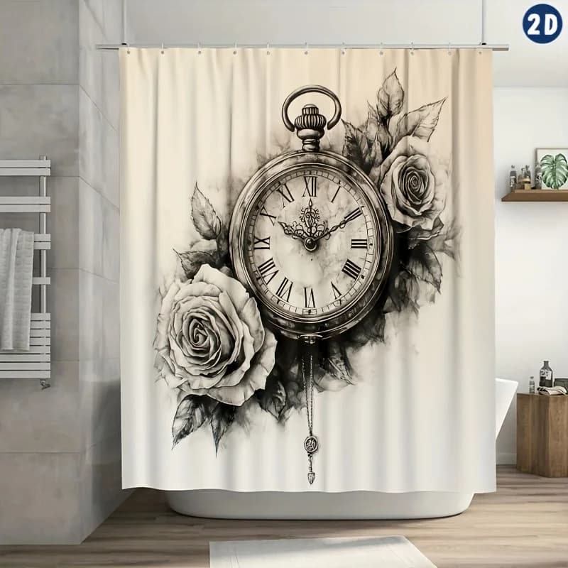 Tenda da doccia con orologio da tasca e rose – Design vintage, Poliestere resistente con ganci, per bagni