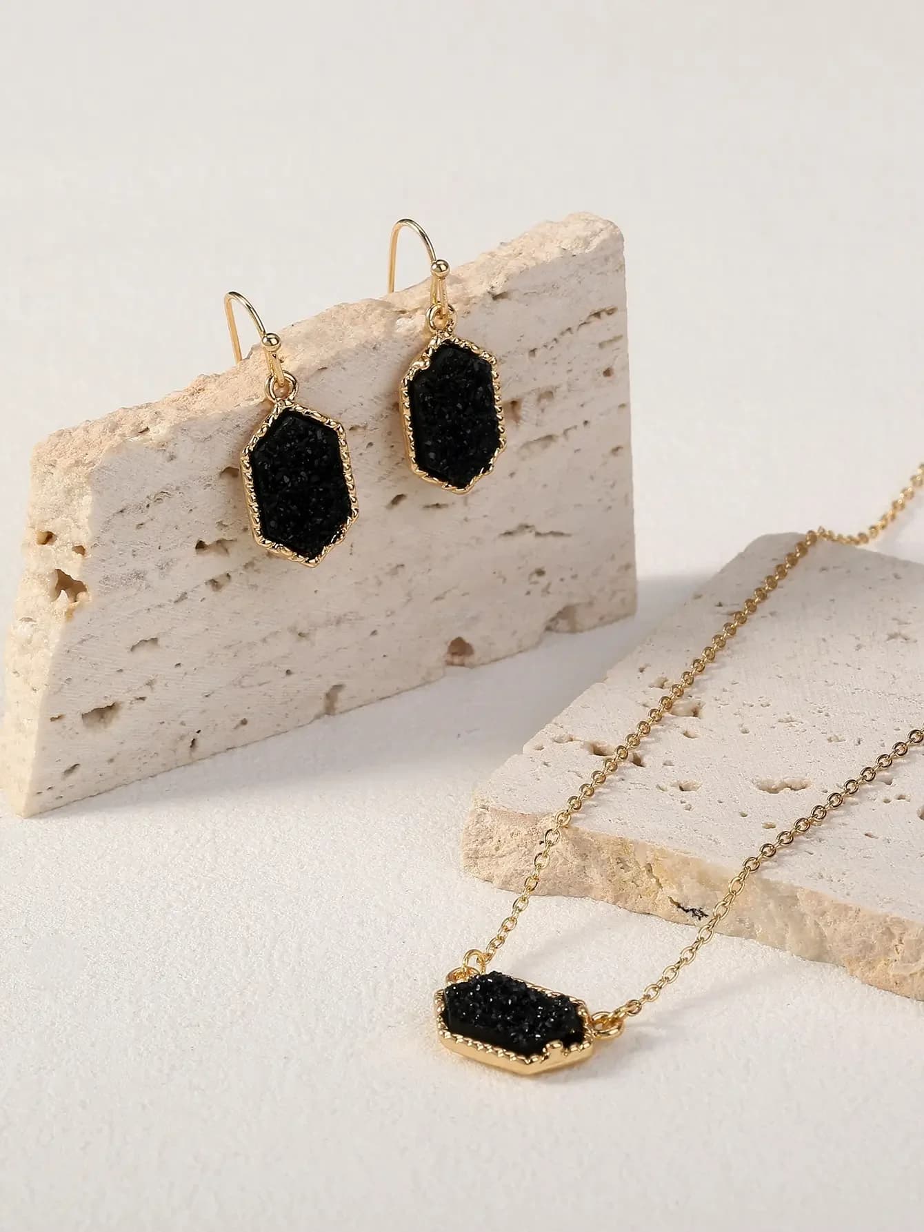 Geometric Black Druzy Pendant Necklace and Drop Earrings Set