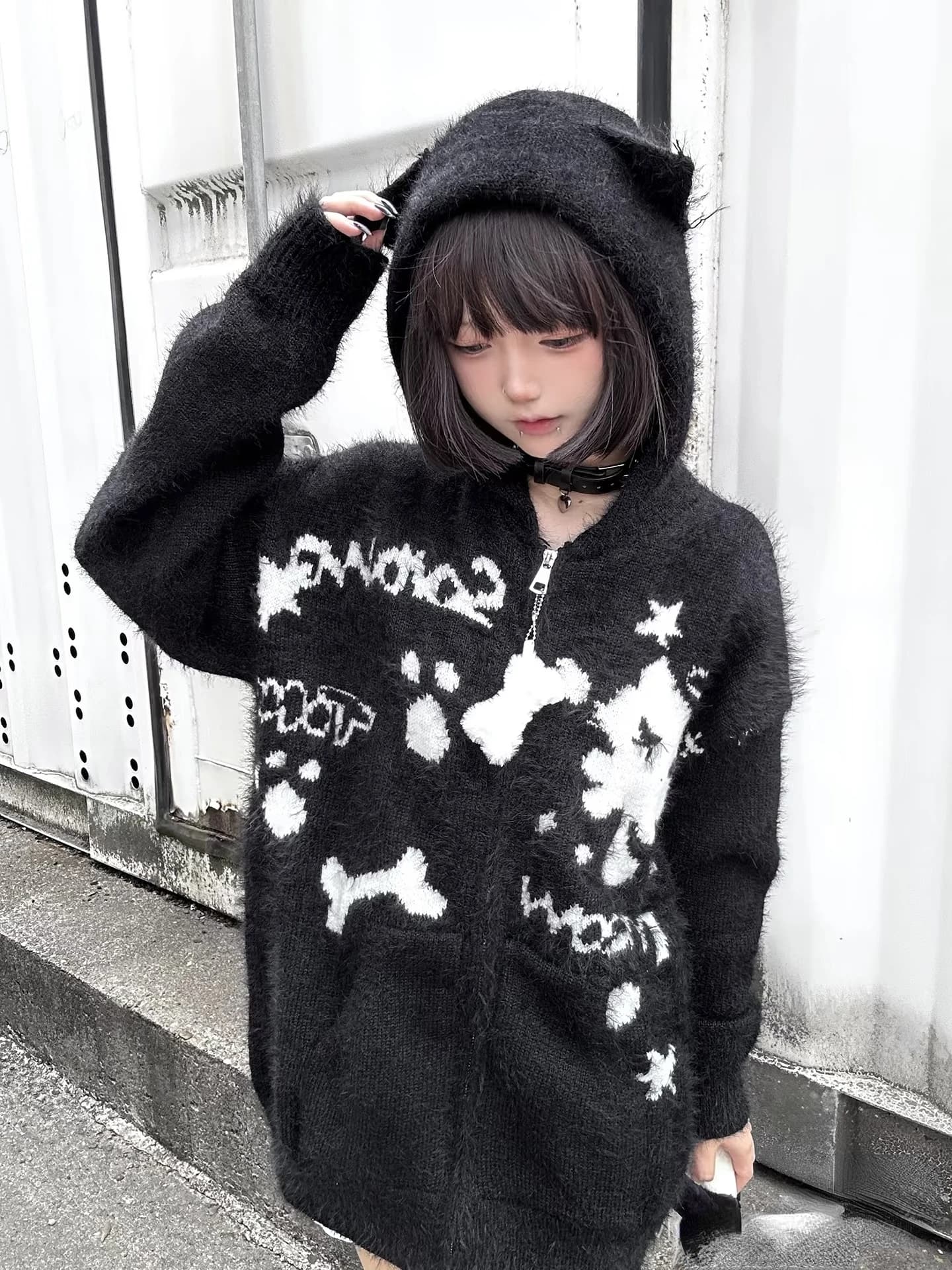 2025 Japanese Kawaii Cute Y2k sweatshirt with hood sweet casual elegant cat's ears long sleeve printed pockets with zipper winter sweater