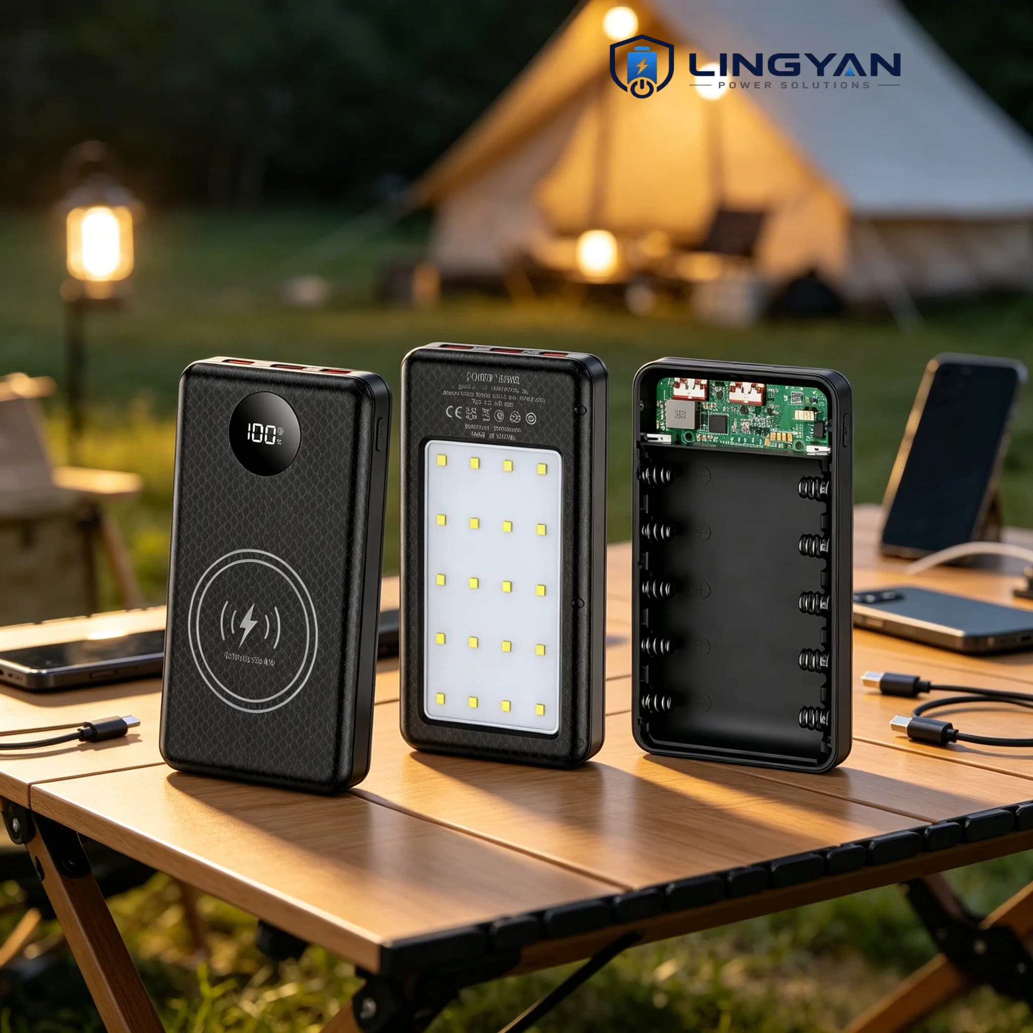 15W Wireless Charging DIY Power Bank Shell for 6x18650, Battery Case With 22.5W PD QC High Speed Charge And LED Light