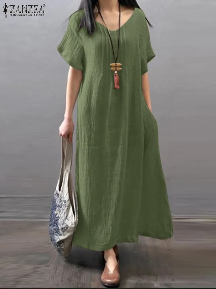 ZANZEA abito da donna con scollo A v estate Solid manica corta prendisole moda una linea abiti larghi abito da festa abiti da festa Oversize
