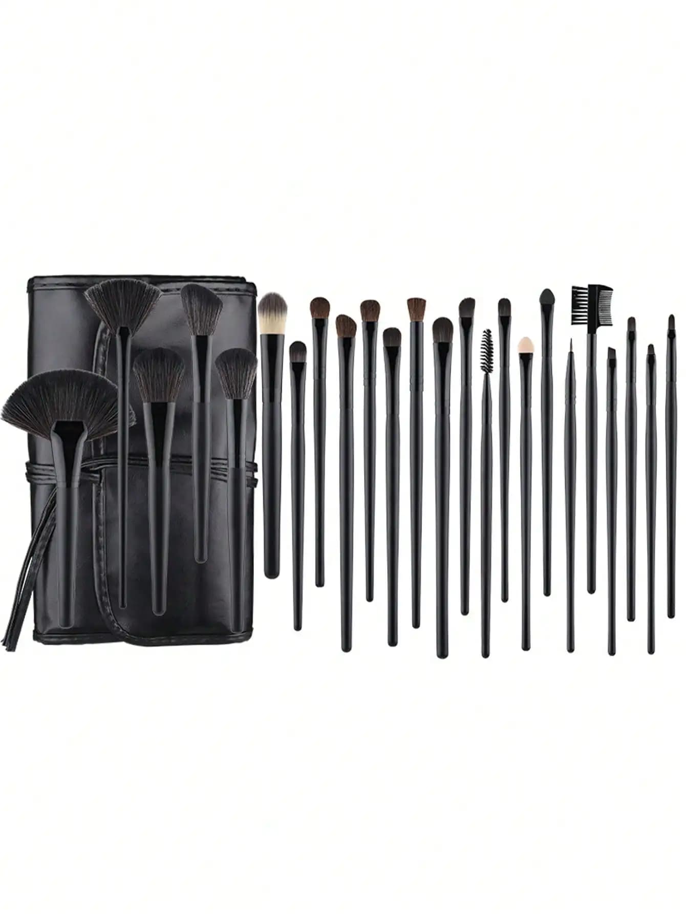 24 Pieces Black Makeup Brush Set Complete Cosmetic Brushes Eyeshadow Powder Blush Brushes with Leather Holder Bag Beauty Tool