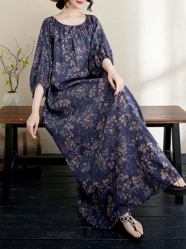 Large Size Artistic Cotton Linen Print Dress Loose Meat Concealing Slimming Holiday Style Robe Long Skirt Summer Season