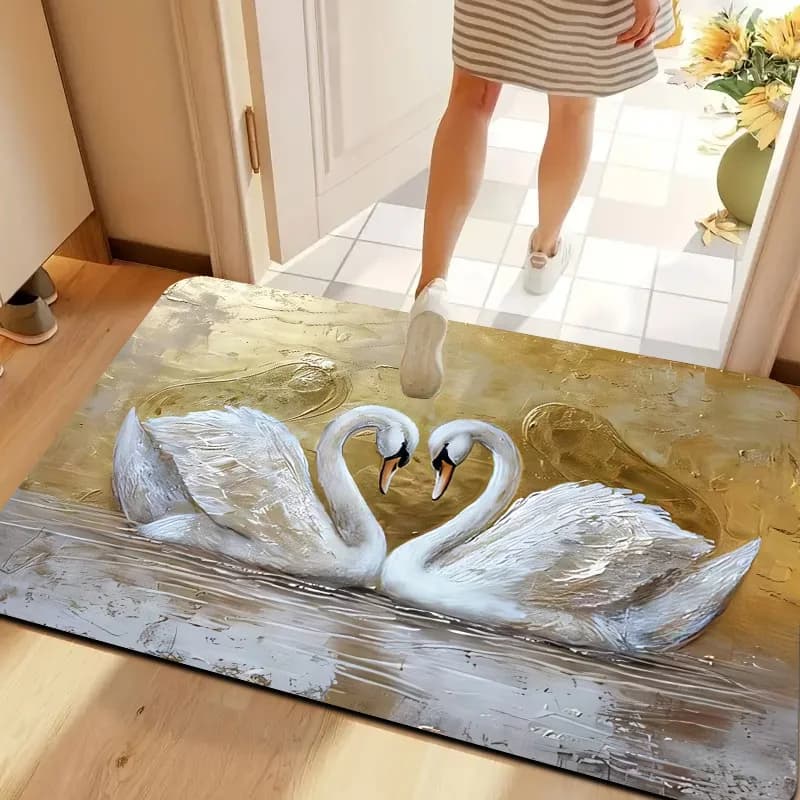 1 tappetino con cuore di cigno con sfondo dorato, tappeto antiscivolo, adatto per soggiorno, camera da letto, bagno, decorazione della casa delle vacanze