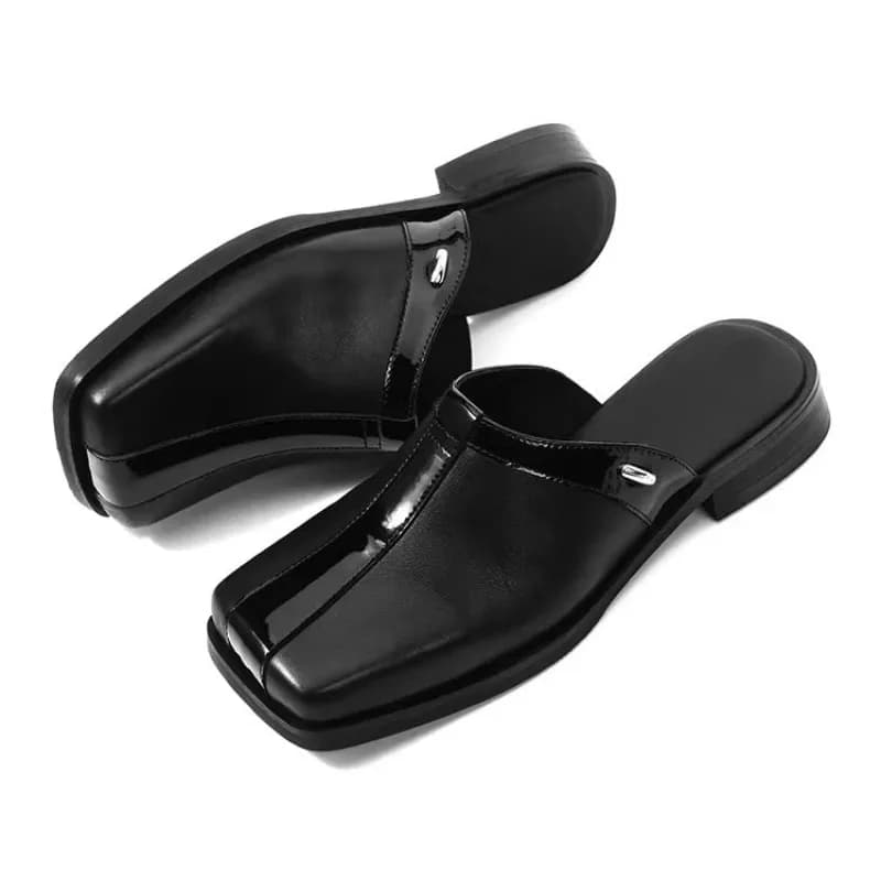 New Luxury Fashion Genuine Leather Half Slippers Men's Shoes Square Toe Casual Slip on Cowhide Dress Work Leather Shoes Male