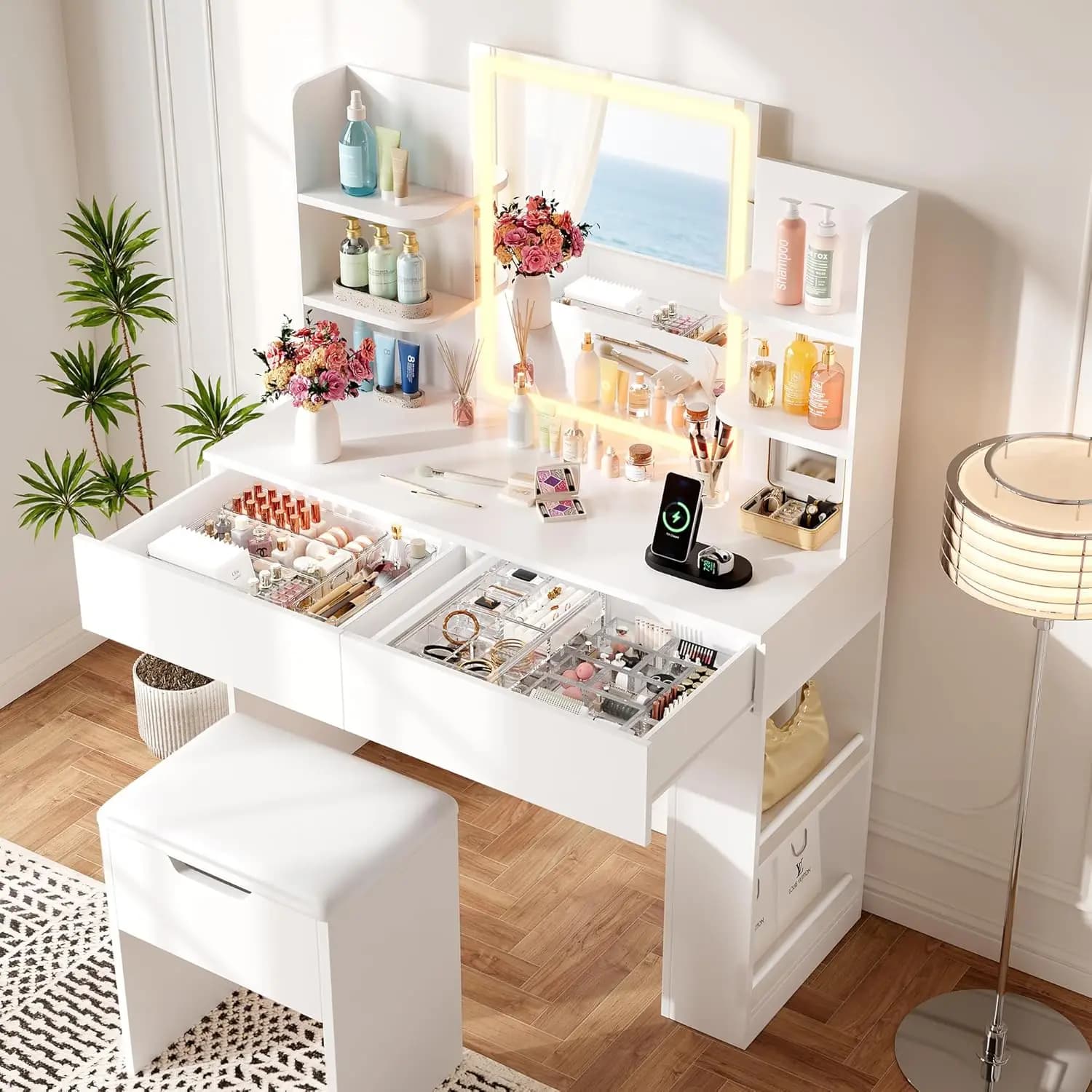 35.4" Vanity Desk with LED Mirror and Lights,Makeup Vanity Set with 2 Storage Drawers, 2 Side Shelves, 1 Storage Bench
