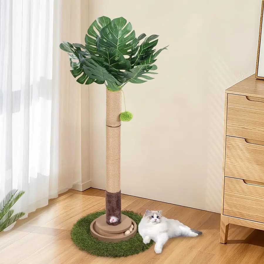 Tiragraffi per Gatti, Albero Tiragraffi per Gatti Alto 89 cm con Palla Sospesa per Gatti da Interno Adulti, Foglia di Monstera, Corda di Sisal
