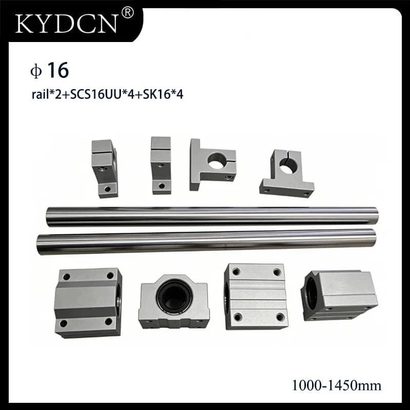 16mm Shaft Linear Rail Set Optical Axis 2pcs Linear Rod+4pcs SCS16UU Block+4pcs SK16 Support 1000-1450mm CNC 3D Printer Tools