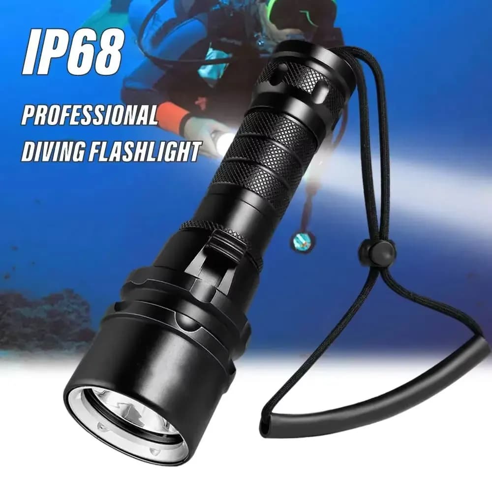 High Power IP68 Underwater Flashlight The highest rating waterproof Professional underwater light powered by 18650 battery with hand rope