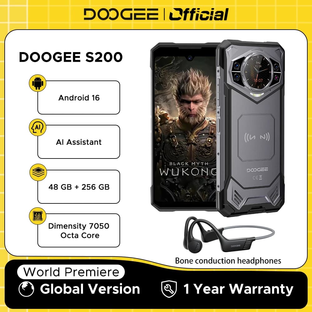 Anteprima mondiale DOOGEE S200 Telefono robusto 5G Display da 6,72" 120 Hz 48 GB RAM 256 GB ROM 100 MP AI Fotocamera principale 10100 mAh Android 16 NFC