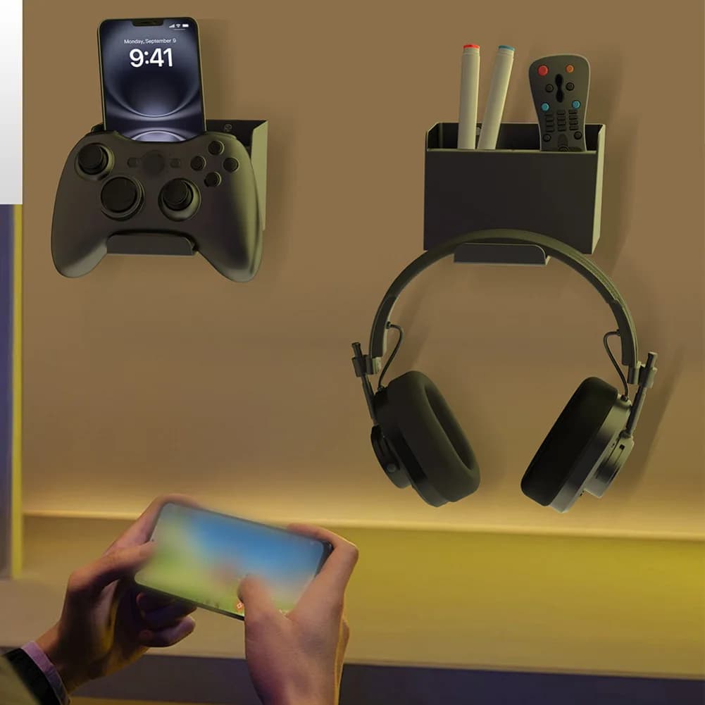 Supporto da parete multiuso per accessori da gioco, supporto per controller Steam, 2 cuffie, telefoni e altri piccoli gadget