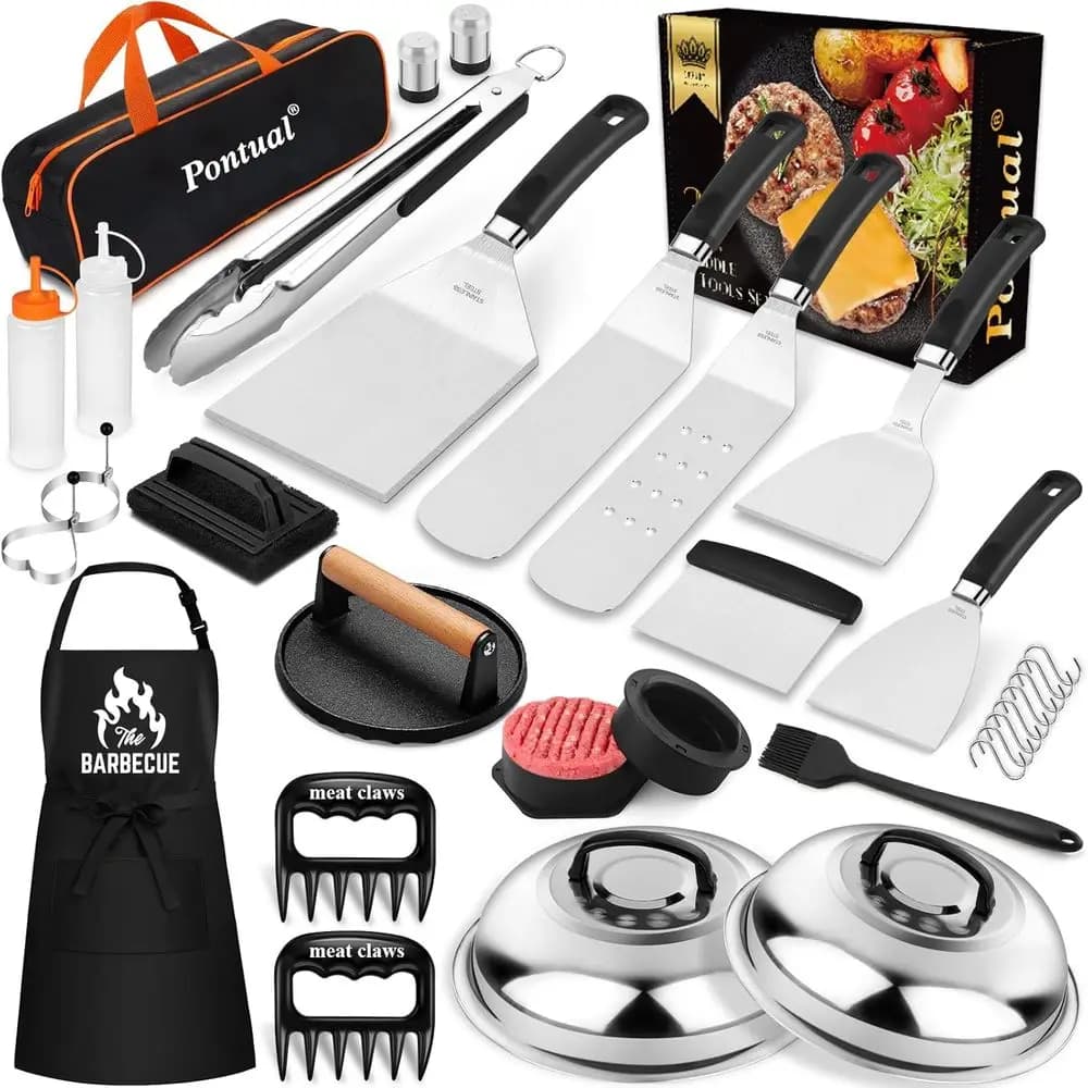 Kit di Accessori per Griglia, Set per Barbecue Hibachi con Cupole per Sciogliere il Formaggio, Pressa per Hamburger, Stampella per Polpette e Grembiule, Utensili Teppanyaki per Esterni