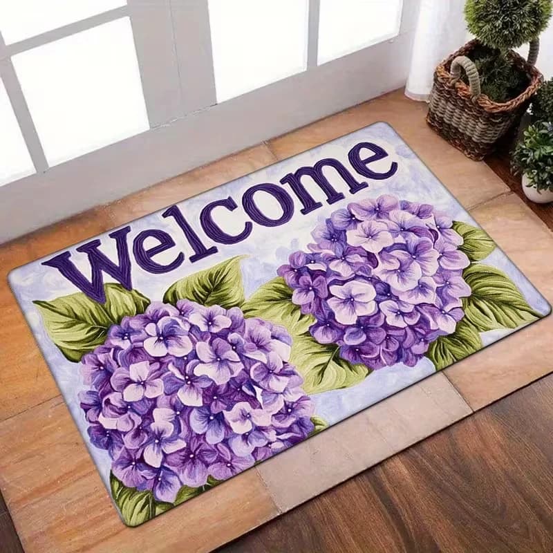 Tappeto d'ingresso con stampa di ortensie viola, morbido e antiscivolo, con motivo floreale, decorazione rustica per la casa, per porta d'ingresso