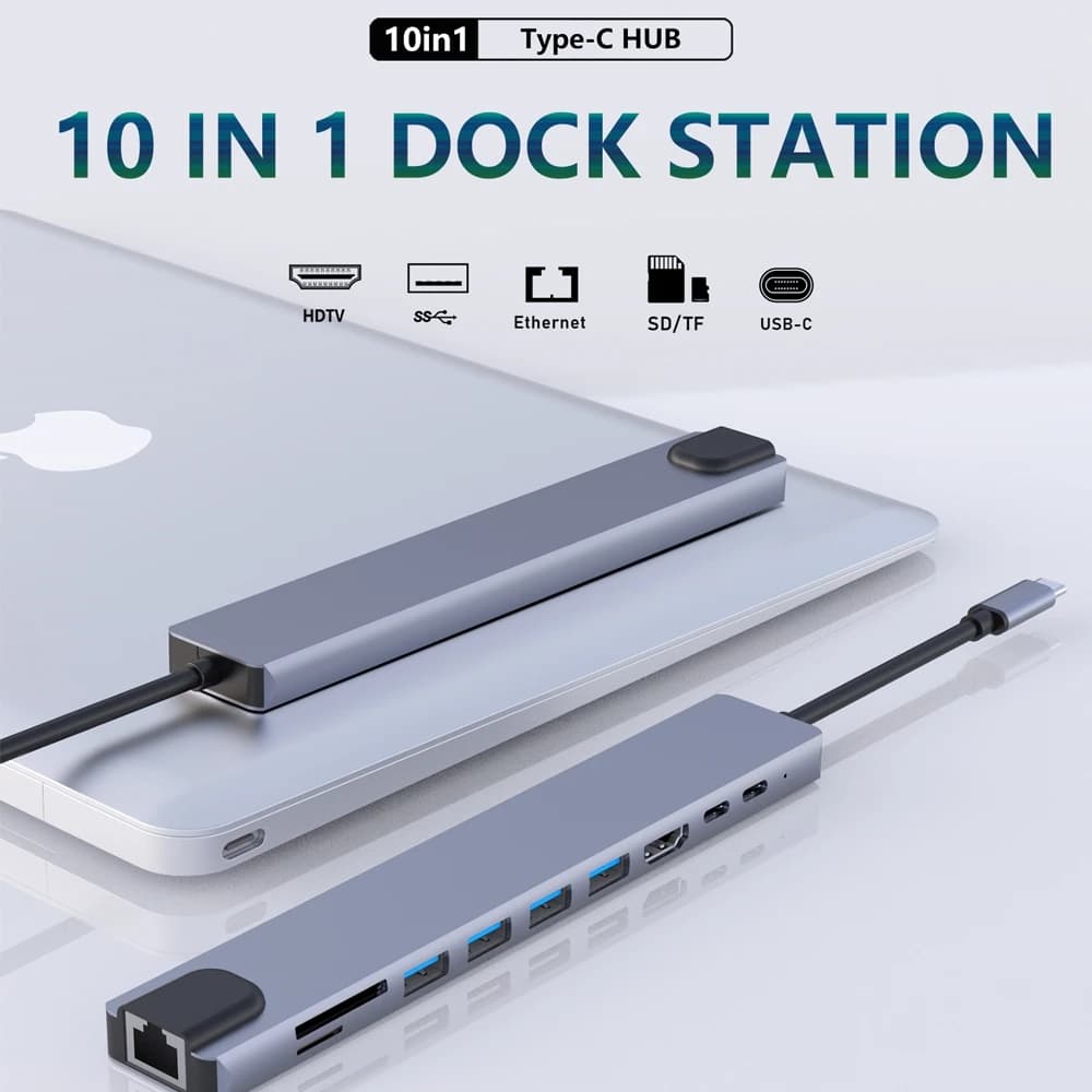 Dock adattatore HUB USB C 10 in 1 con lettore di schede SD/TF USB 3.0 2.0 compatibile HDMI 4K VGA PD 100W Jack da 3,5 mm per laptop di tipo C