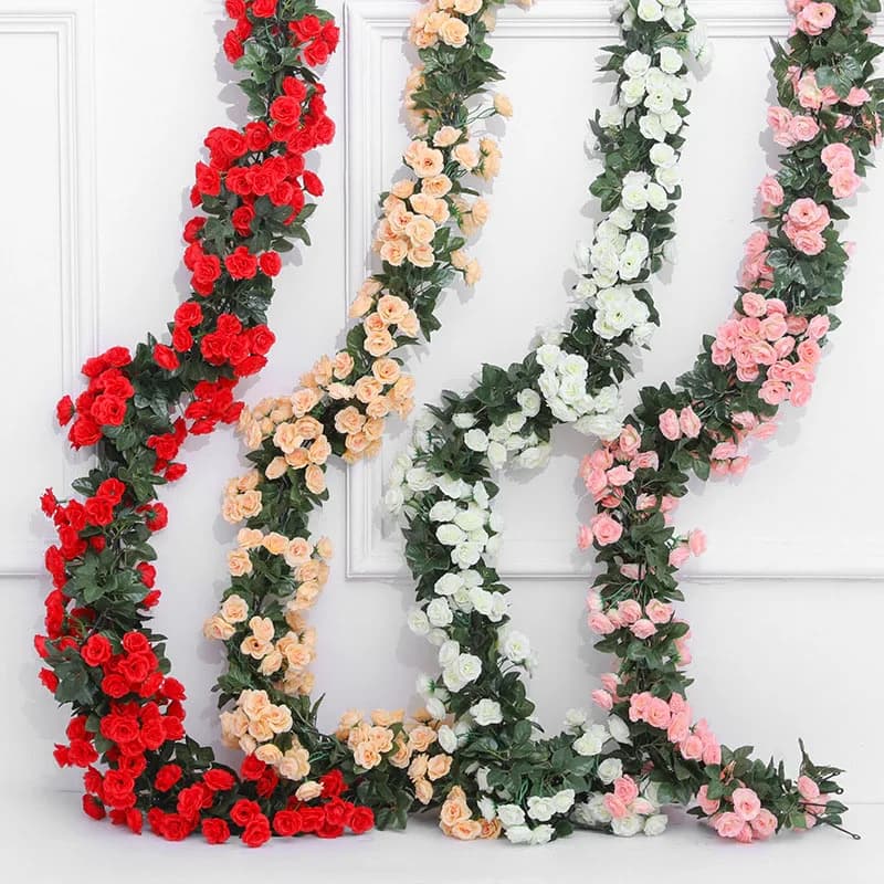 8.2 Foot Red Rose Artificial Silk Flower Garland Wedding Decorations Fake Flowers for Home Room Decoration Fake Live Plant in Rattan