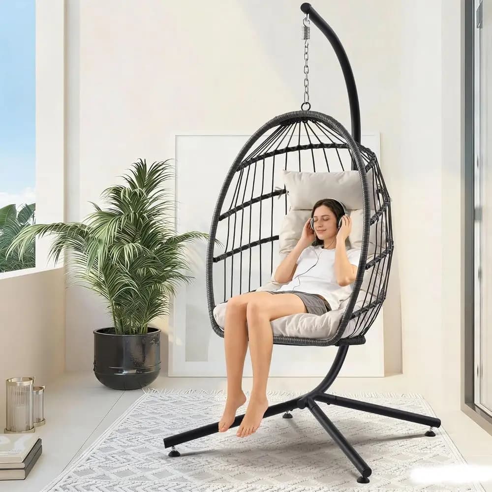 Outdoor egg rocking chair with support, suspended seat for interior and exterior, patio wicker chair with pillow and pillow, capacity 136 kg, S