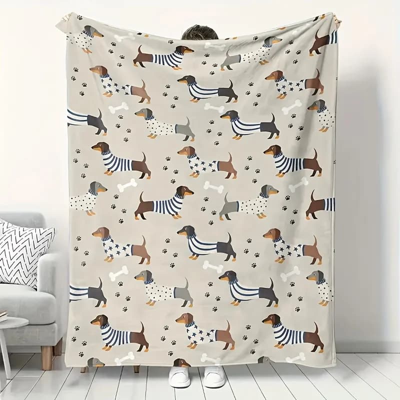Cute Dachshund Dog Bone Paw Print Flannel Blanket Soft Lightweight Throw Blanket for Sofa Bed Couch All‑Season Cozy Blanket