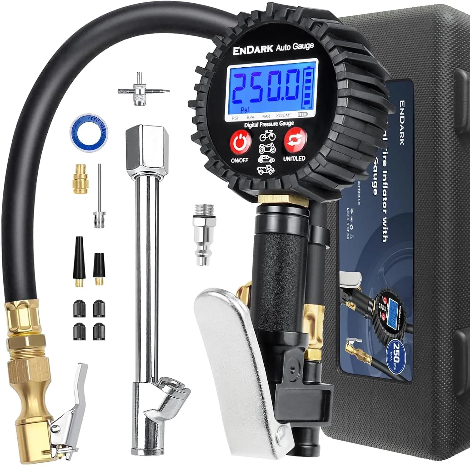 Manometro Digitale per Pneumatici con Gonfiatore: Attacco per Compressore d'Aria 250 PSI, Mandrino e Tubo Resistenti