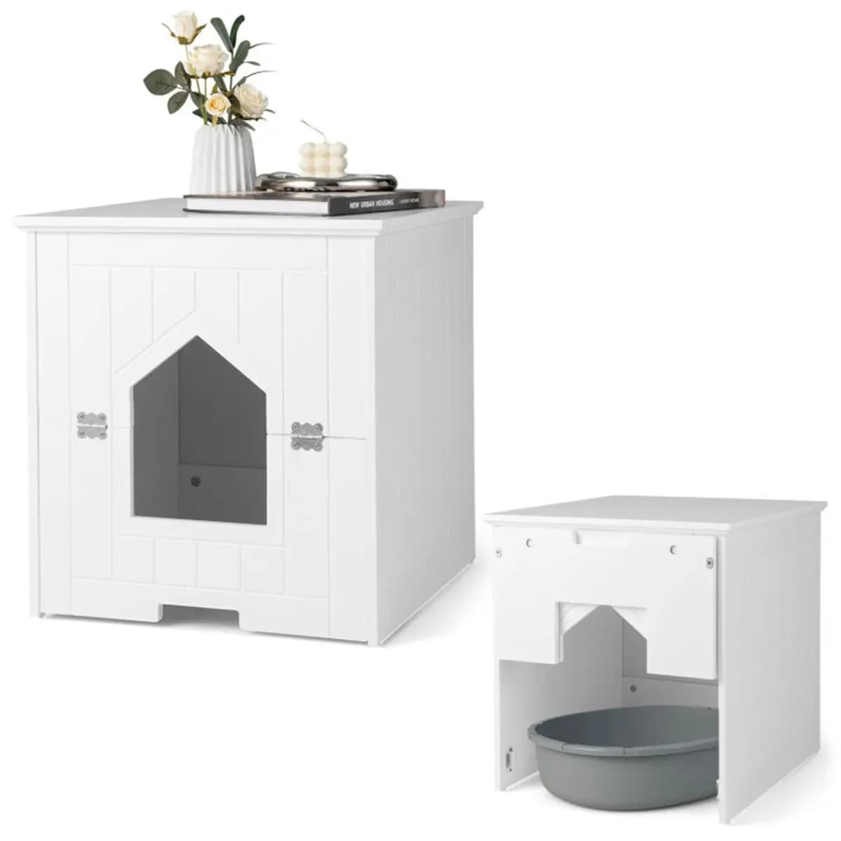 20-Inch White End Table Cat Litter Box Made Of Wood For Pet Cleaning Usage