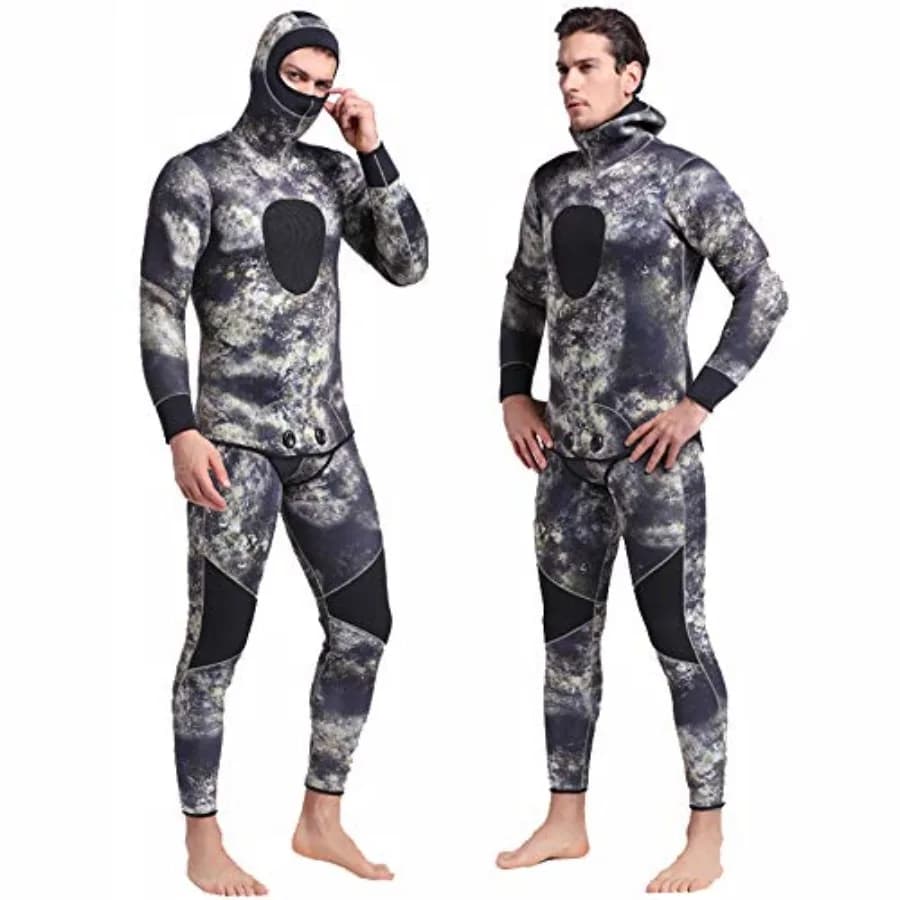 Muta subacquea da uomo da 5 mm per pesca subacquea, immersioni e snorkeling: neoprene mimetico con isolamento termico, fantasia nero-grigio