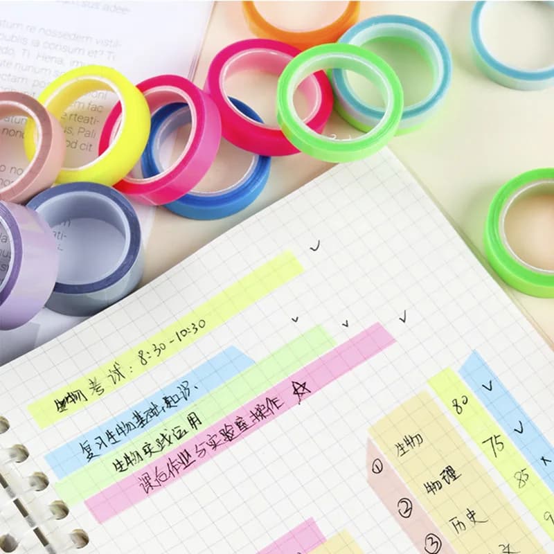 5 rotoli di etichette fluorescenti trasparenti, 5 colori, per annotazioni di libri, foglietti adesivi, nastro evidenziatore, forniture per ufficio e scuola