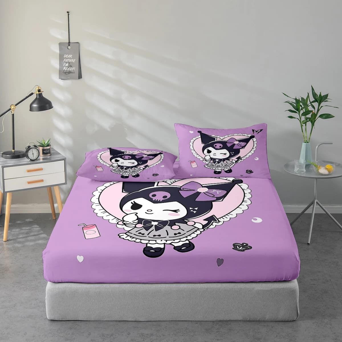 Set di lenzuola stampate digitalmente ad alta definizione in 3 pezzi, set di lenzuola con stampa floreale grande Kuromi, include 1 lenzuolo con angoli + 1/2 federa, adatto per camera da letto, camera degli ospiti, decorazioni per la casa, lenzuolo con angoli in fibra di poliestere + federa, biancheria da letto ultra morbida, tessuto spesso e ultra morbido, confortevole per tutte le stagioni, lavabile in lavatrice