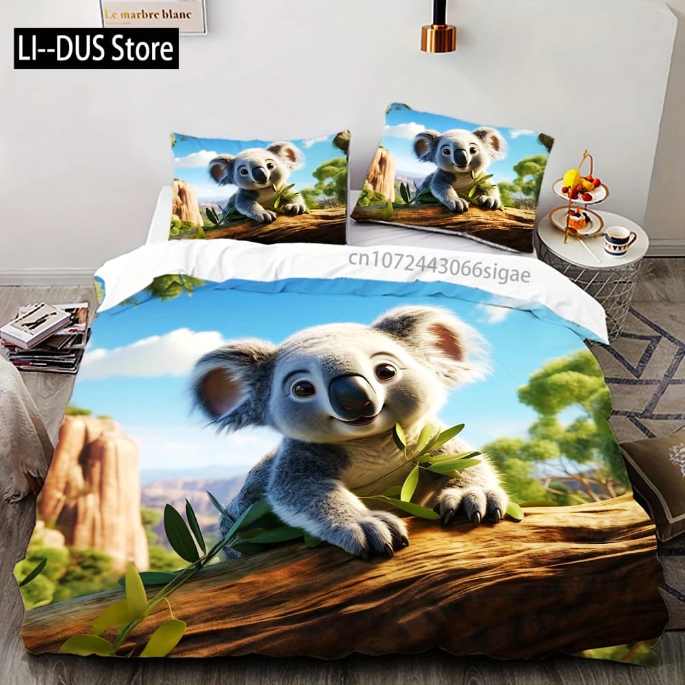 Set biancheria da letto Koala 2/3 pezzi Stampa digitale Modello 3D Fodera in poliestere morbida e delicata sulla pelle, Copripiumino con federe, Tema animale