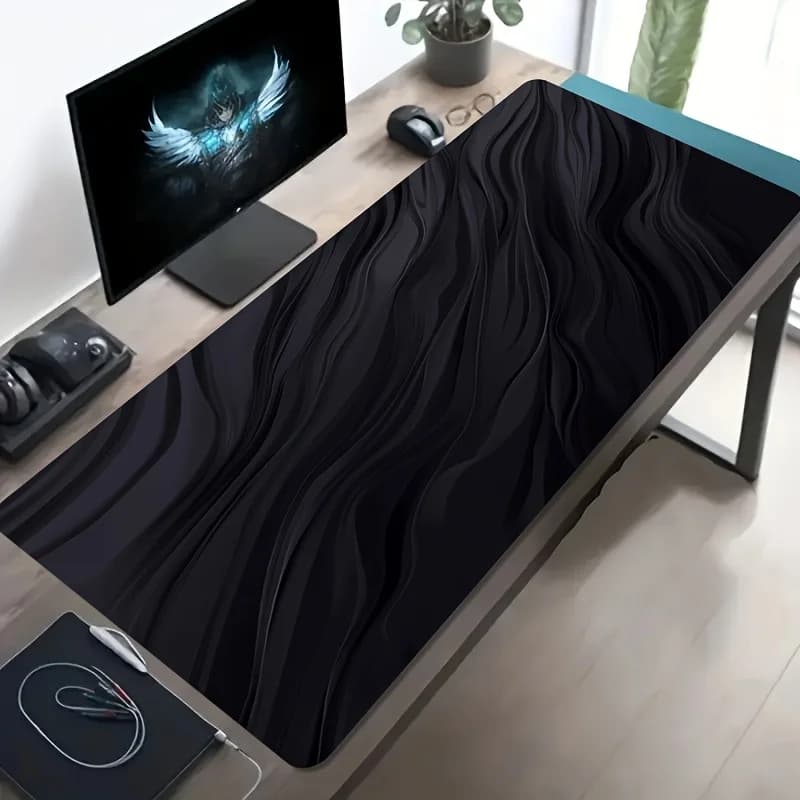 Black Liquid Wave Gaming Mouse Pad, Minimalist Dark Flow Marble Texture Print Non Slip Mat for PC Gamers Office Laptop Keyboard