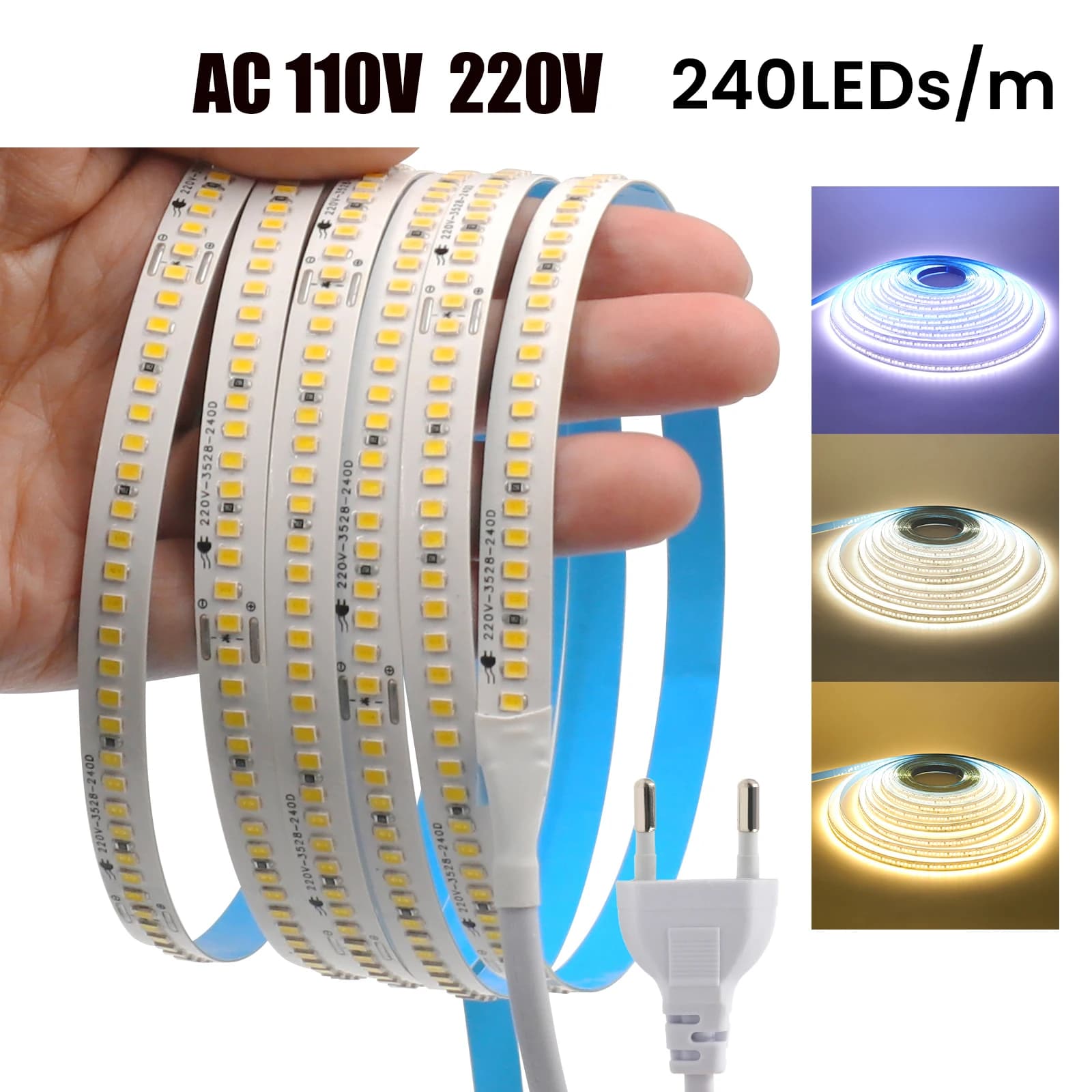 AC 220V 110V Striscia LED 240Led/M IP44 10CM Taglio Decorazioni per la casa Caldo/Bianco naturale Nastro flessibile autoadesivo Luce a catena