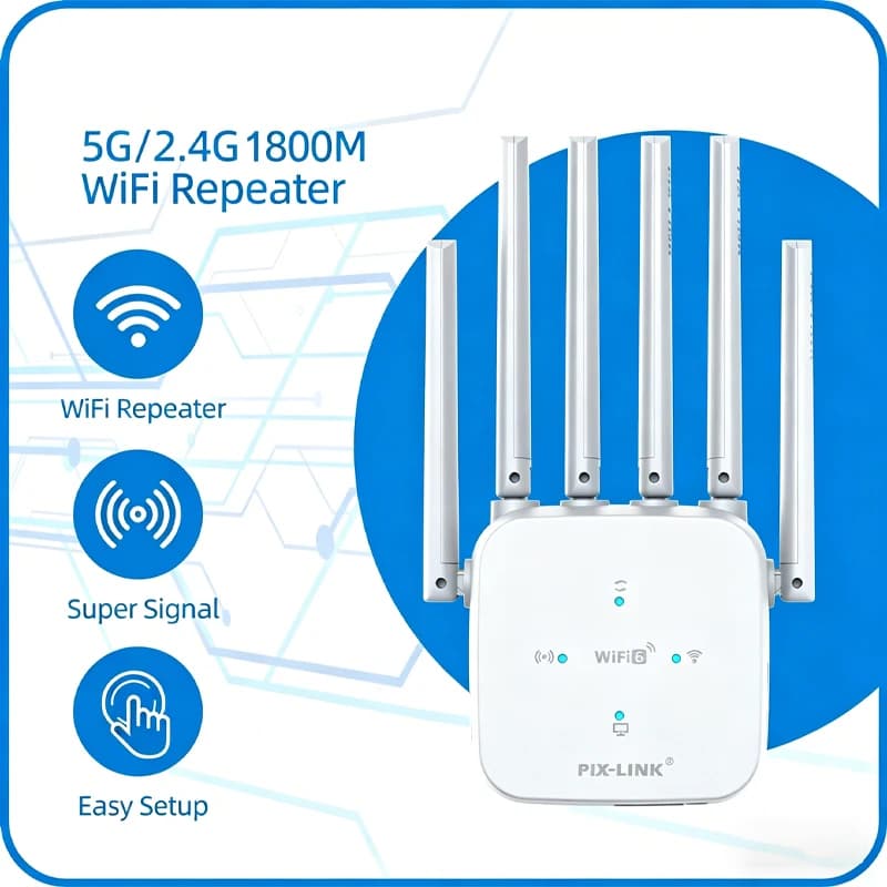 PIX-LINK Ripetitore WiFi 6 AX1800 1800Mbps Dual Band 5GHz/2.4GHz, Estensore WiFi con 6 Antenne, Amplificatore di Segnale, Modalità Ripetitore/AP per Casa