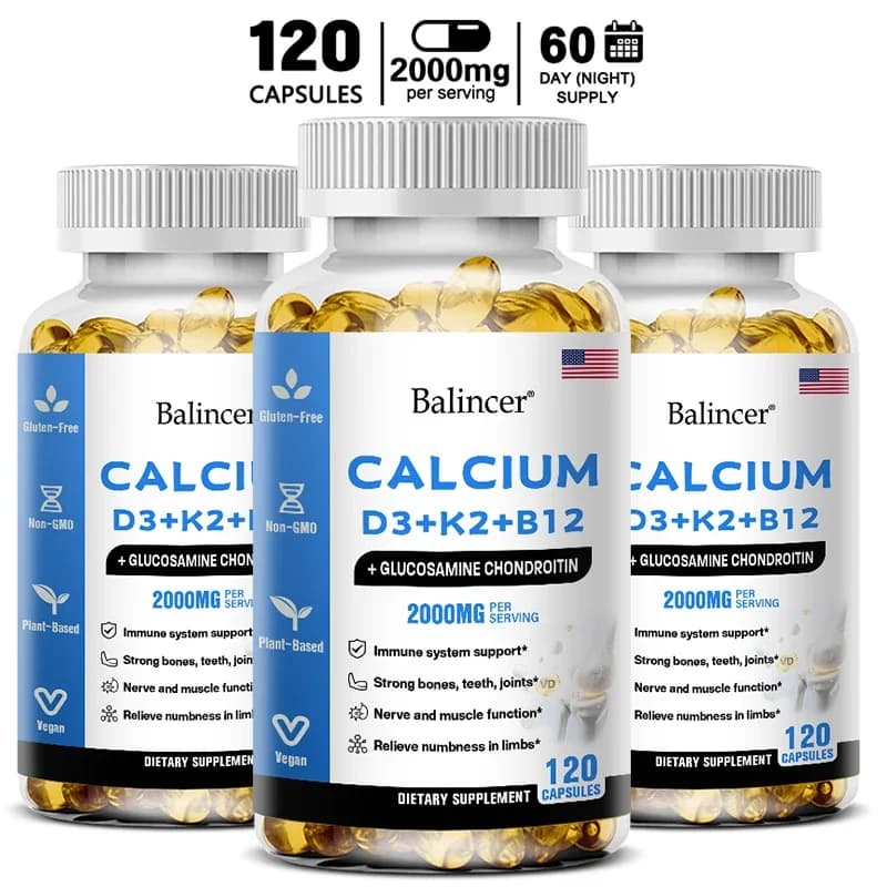 Balincer Vitamina D3+K2+B12 Capsule da 2000 mg per supporto osseo, immunitario e calcio, 120 capsule non OGM