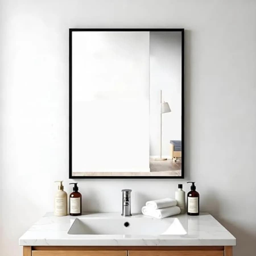 Specchio da Parete Rettangolare con Cornice in Alluminio Nero 18x24 Pollici, Stile Moderno, Vetro Temperato, Montaggio a Parete per Bagno, Camera da Letto, Soggiorno