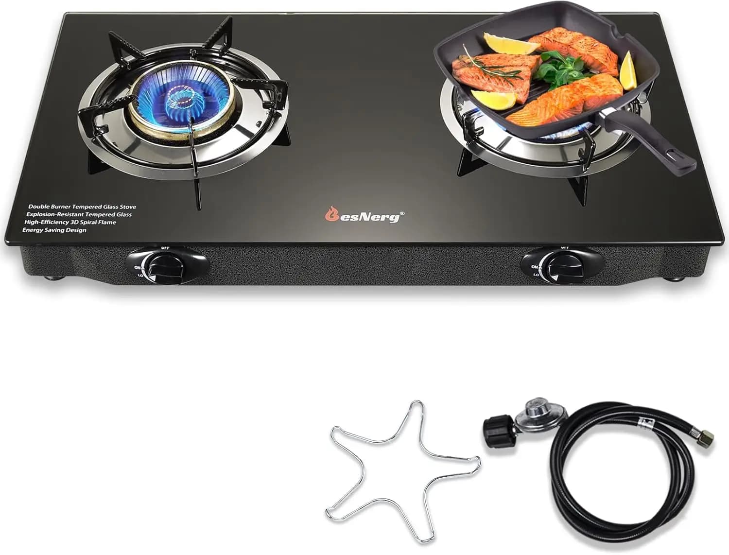 2-fire propane stove, 28800 BTU automatic ignition with tempered glass for camping camper emergency kitchen