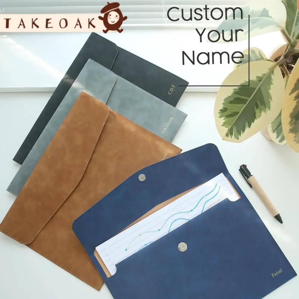 Custom Gold Hot Stamped Name Vintage Pu Leather A4 Document Folder Travel Portable File Storage Bag Personalized Business Gift