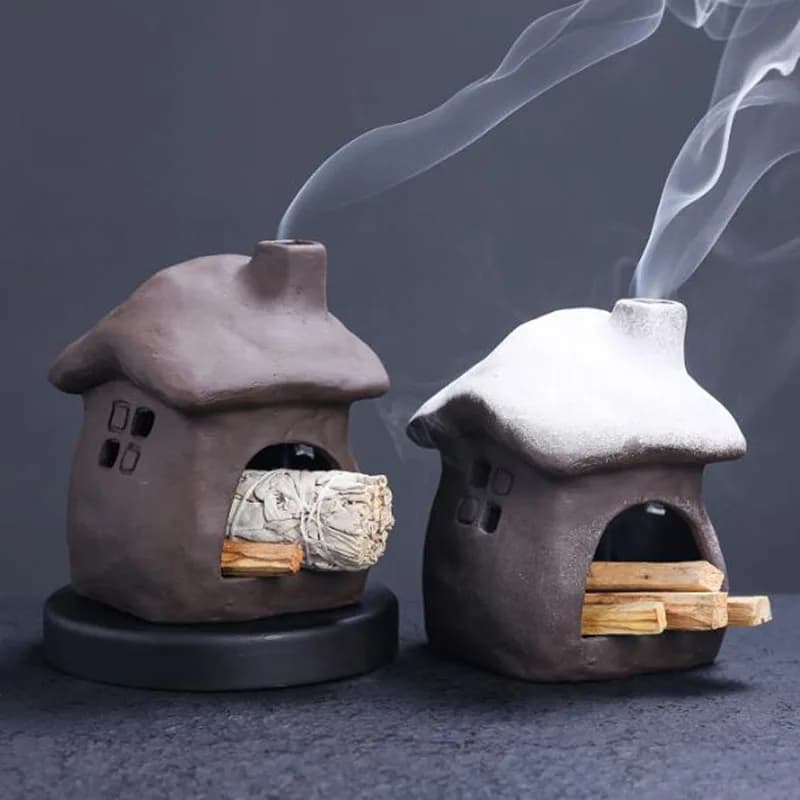 Bruciatore per aromaterapia a forma di casa in ceramica Pau Santo Porta incenso con bastoncino di salvia bianca Piccolo incensiere per camino Decorazione della casa